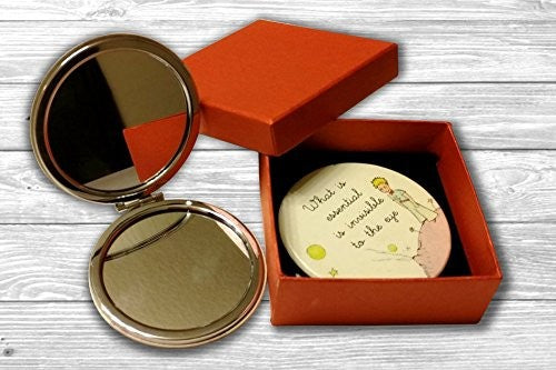 Little Prince Compact Mirror with Magnifying and Standard Mirrors - White PU Leather, Travel Size