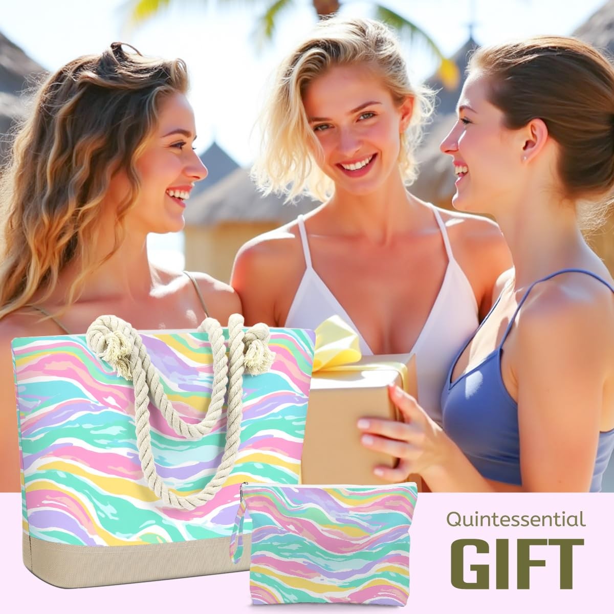 Waterproof Beach Tote Bag & Cosmetic Wet Bag Set - Colorful Wavy Design