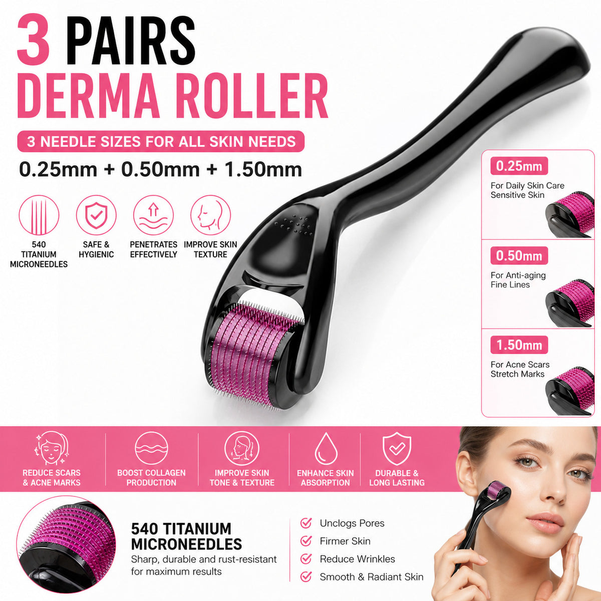 Derma Roller Kit 0.25mm 0.50mm 1.50mm Titanium Microneedle for Face & Scar