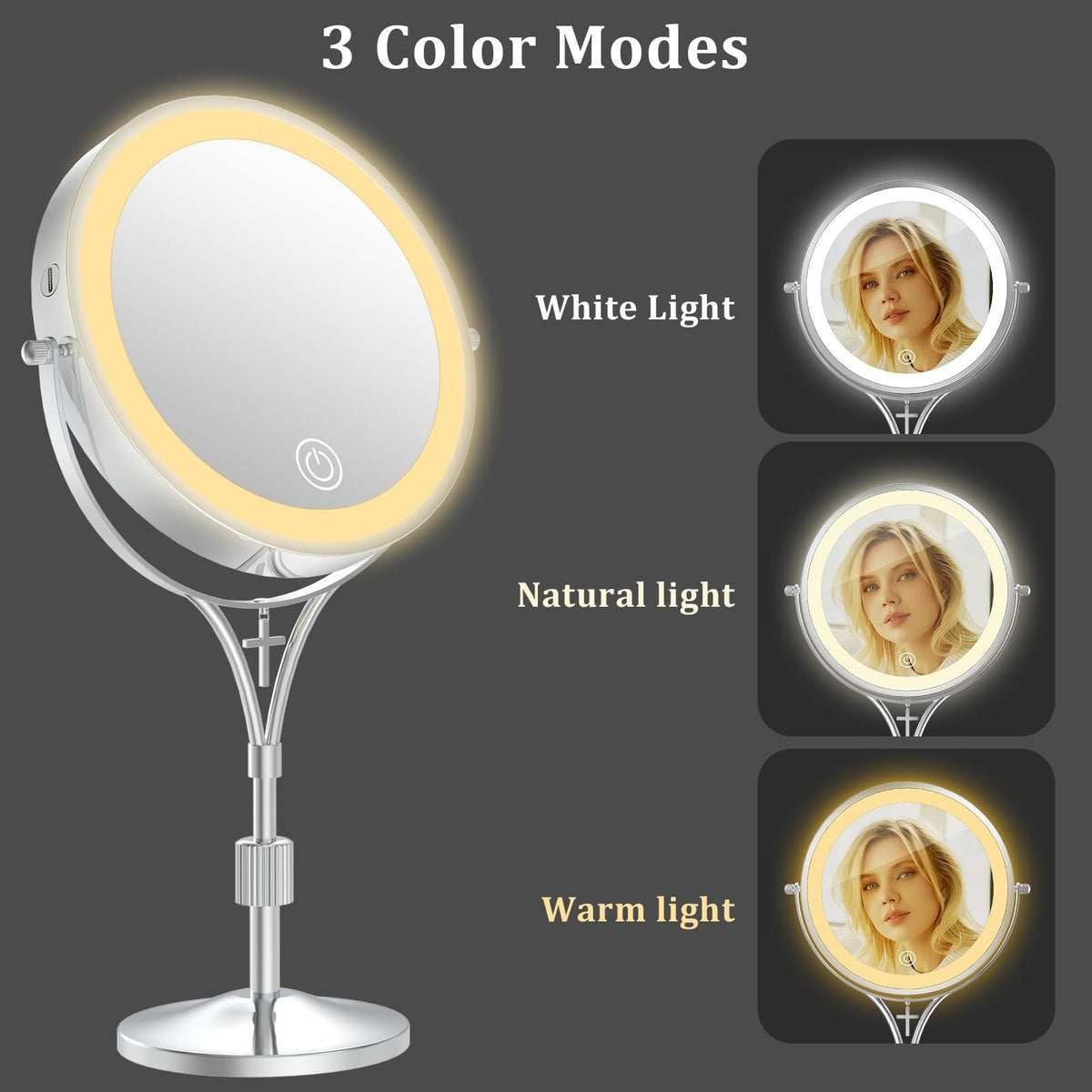Lighted Magnifying Makeup Mirror with 3 Color Lights & Cross Charm - 7 Inch Adjustable Vanity Mirror