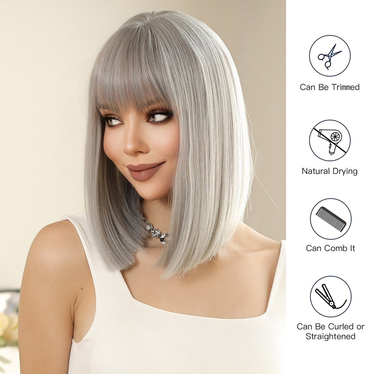 Gray Synthetic Wig with Bangs - Straight Bob Style Heat Resistant Hair