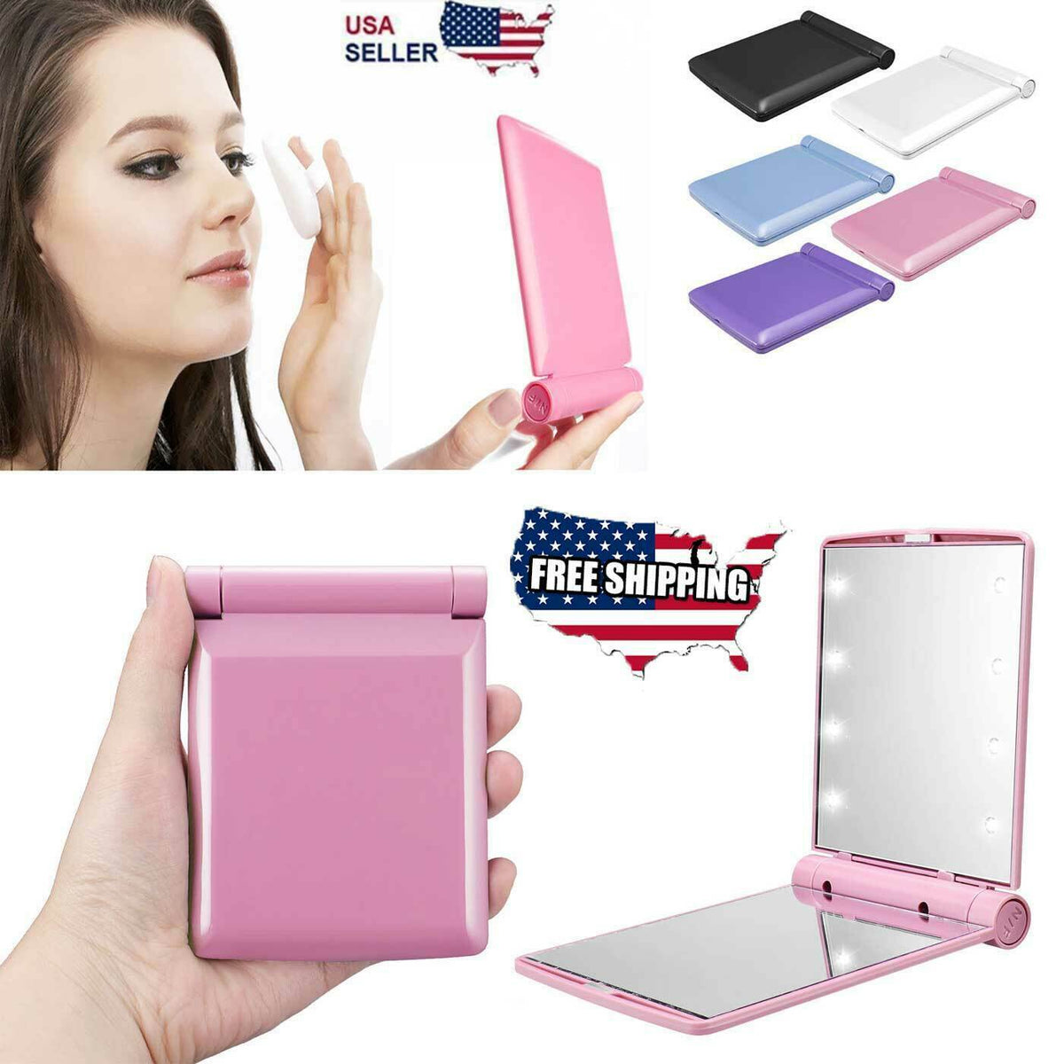 Compact Makeup Mirror with 8 LED Lights - Folding Pocket Cosmetic Mirror