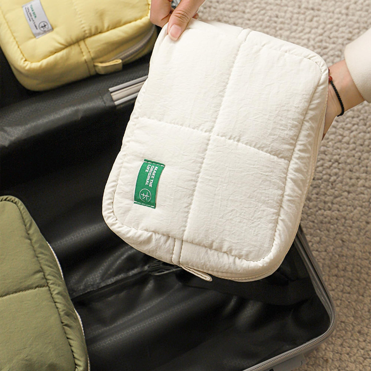 Large Puffy Travel Makeup Bag for Women - Quilted Cosmetic Organizer, Green