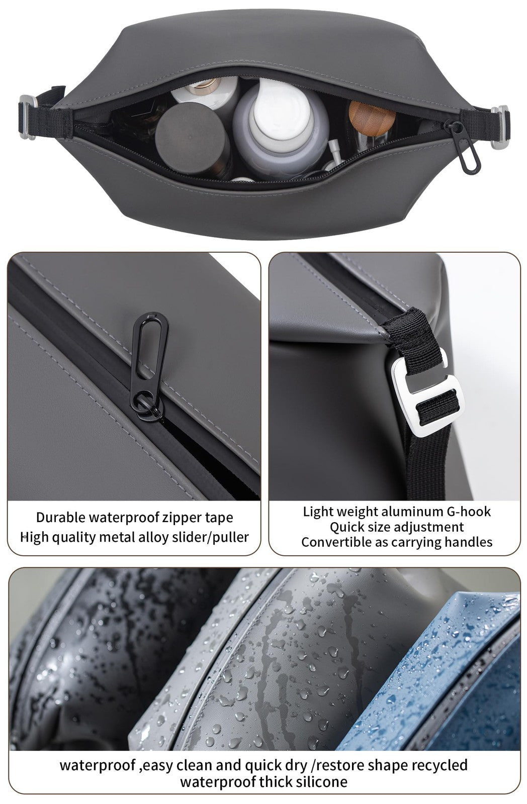 Large Waterproof Silicone Toiletry Bag 6L Travel Organizer Grey 6x11 Inches