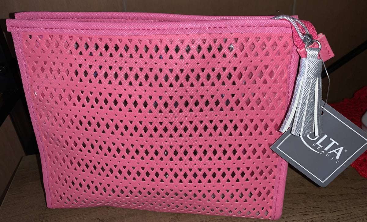 Makeup Cosmetic Bag with Coral Pink Diamond Cutout and Silver Zipper Tassel
