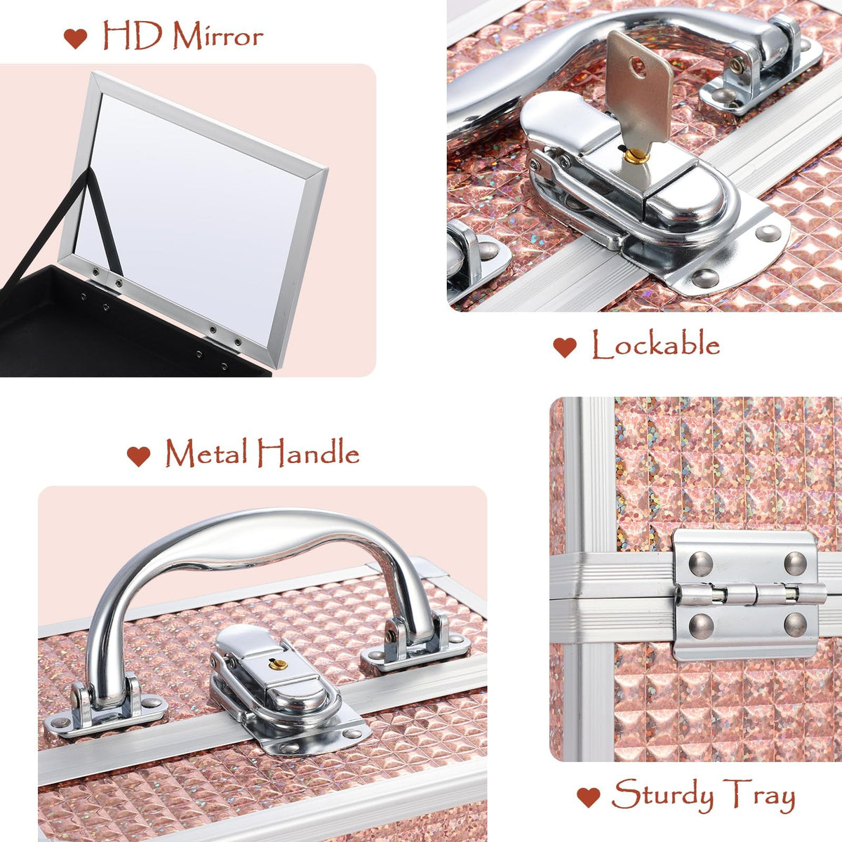 Cosmetic Makeup Box Organizer Case with Mirror, Glitter Pink 7.7 x 6.3 x 5.9 in