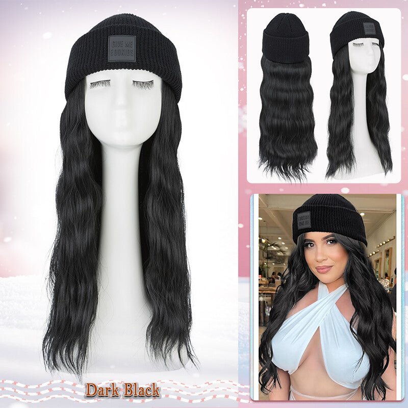 Unisex Wavy Long Hair Beret Cap with Synthetic Hair - Casual Hat Wig