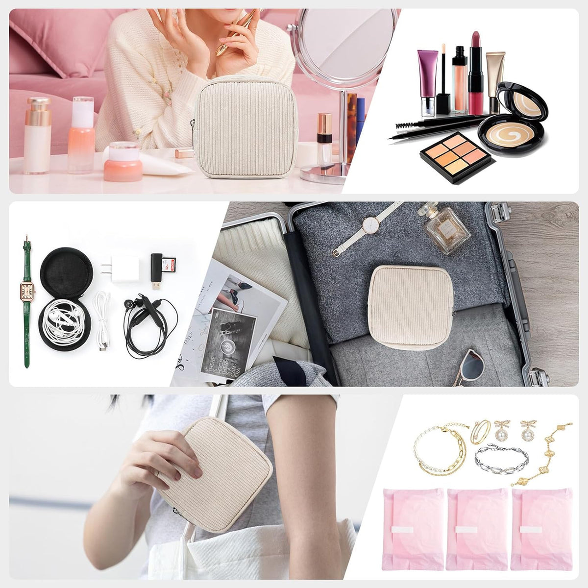 Mini Travel Makeup Bag with Metal Zipper & Inner Pocket - Corduroy Cosmetic Pouch
