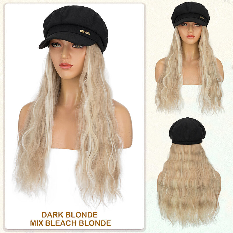 Unisex Wavy Long Hair Beret Cap with Synthetic Hair - Casual Hat Wig