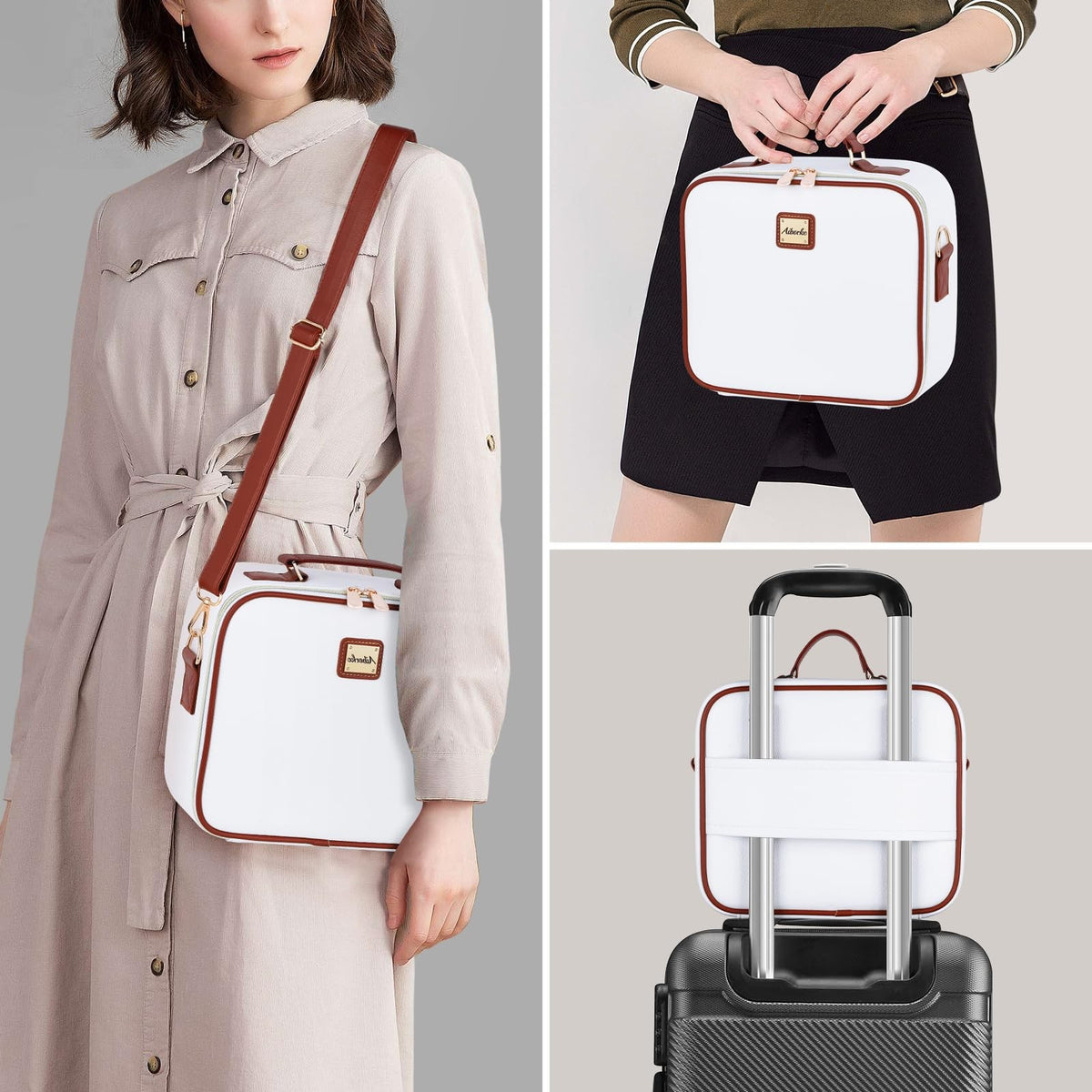 Travel Makeup Bag with LED Lighted Mirror, Adjustable Compartments, Waterproof Leather