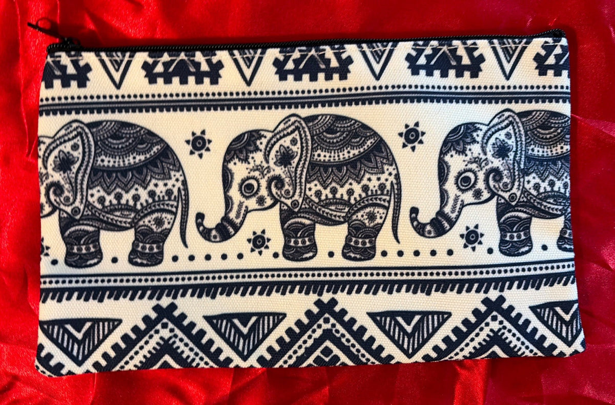 Elephant Cosmetic Bag Makeup Purse Clutch Organizer Blue Ivory Boho