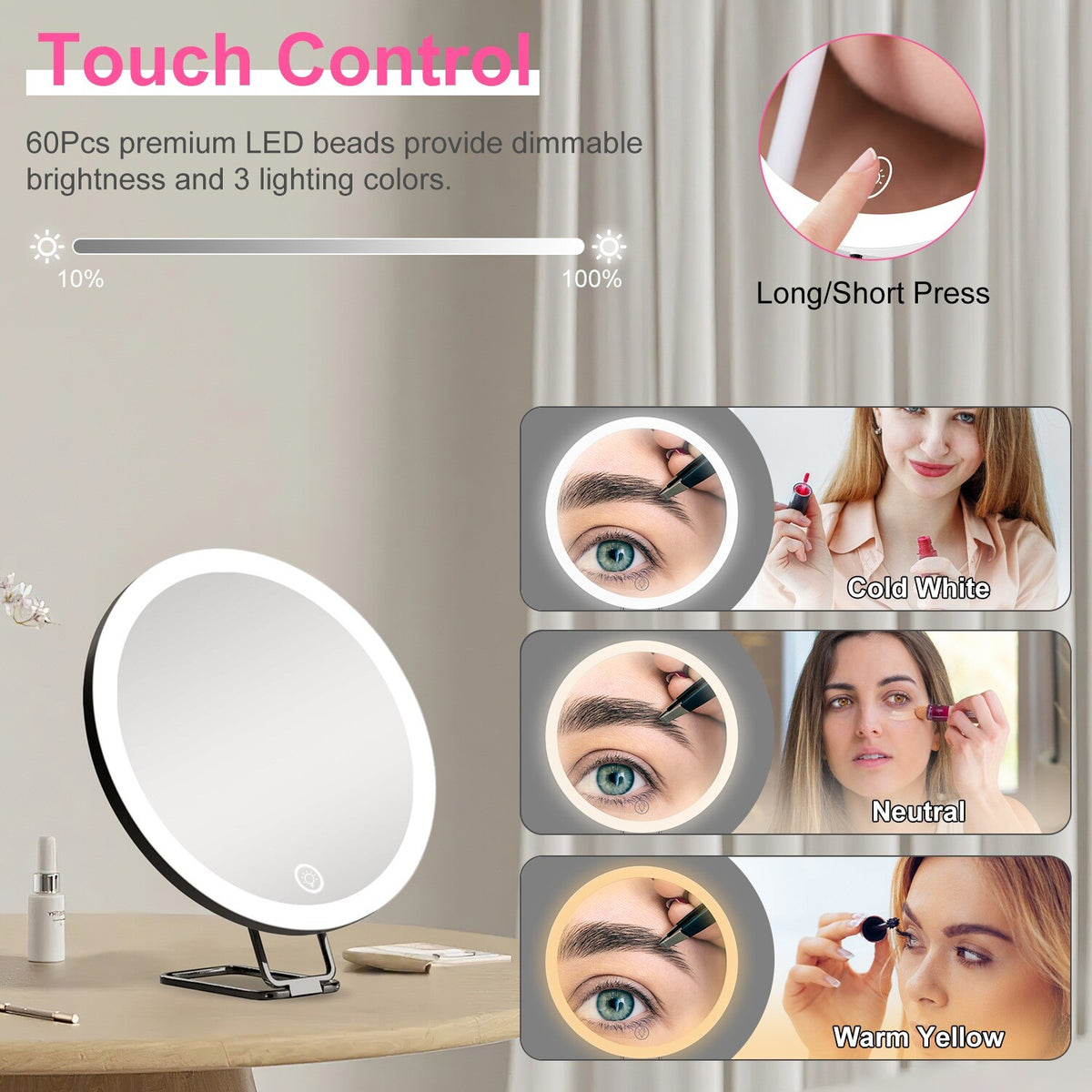 Lighted Magnifying Makeup Mirror with 3 Dimmable LED Colors - Travel Compact