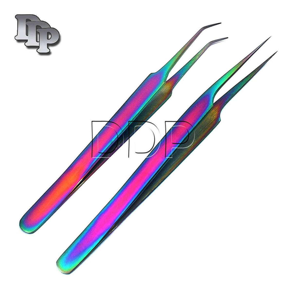 2 Pairs Eyelash Extension Tweezers Set - Titanium Angled & Straight Tips