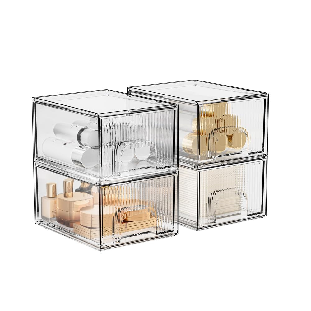 4 Pack Clear Stackable Acrylic Makeup Organizer Drawers - Cosmetic Storage