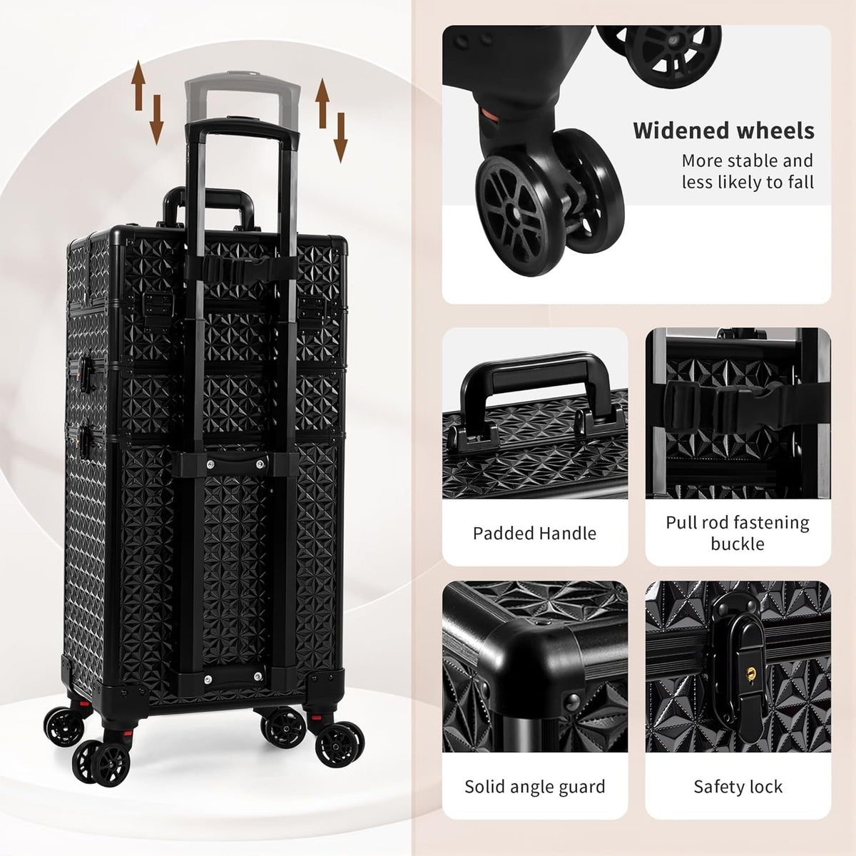 3-in-1 Rolling Makeup Case with Detachable Compartments & Lockable Storage