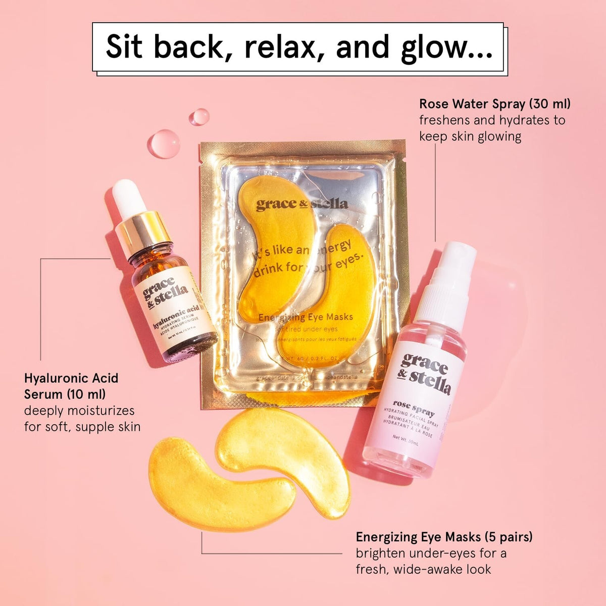 Hydrating Skin Care Set with Eye Masks & Hyaluronic Acid Serum Mist - Vegan & Cruelty-Free