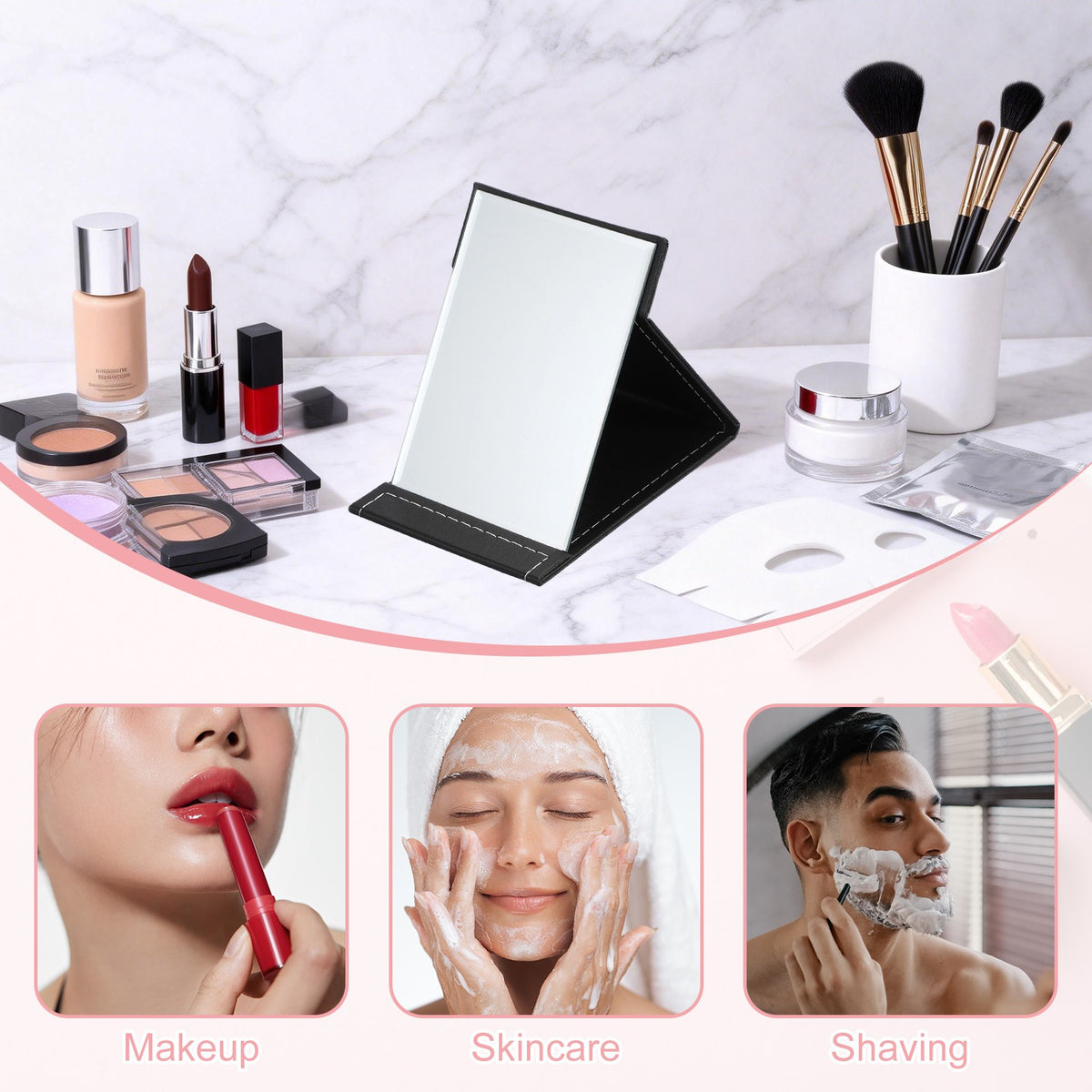 Portable Foldable Desk Mirror with Stand - 4.8x6.7 Inch Travel Makeup Mirror in Red