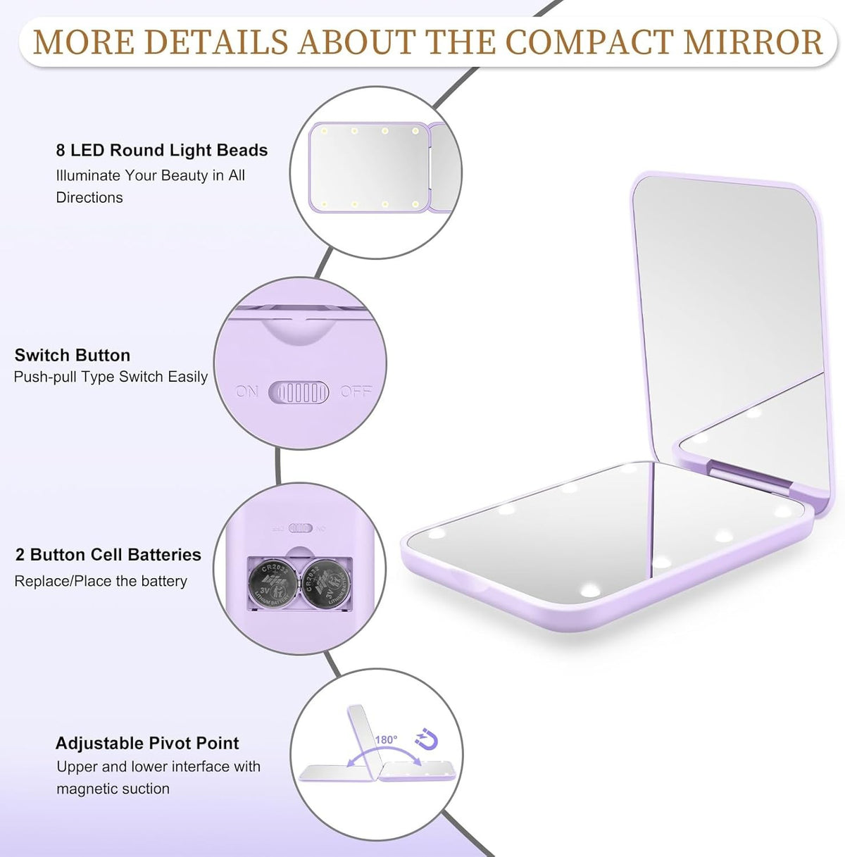 Portable LED Pocket Mirror with 1X/3X Magnification and Bright Lights