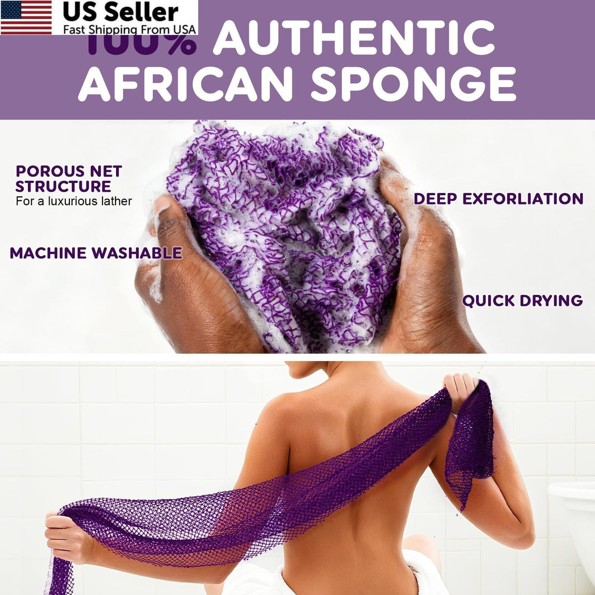 African Net Sponge for Exfoliation & Back Scrubbing - 3 Pack, Purple, Blue & Pink