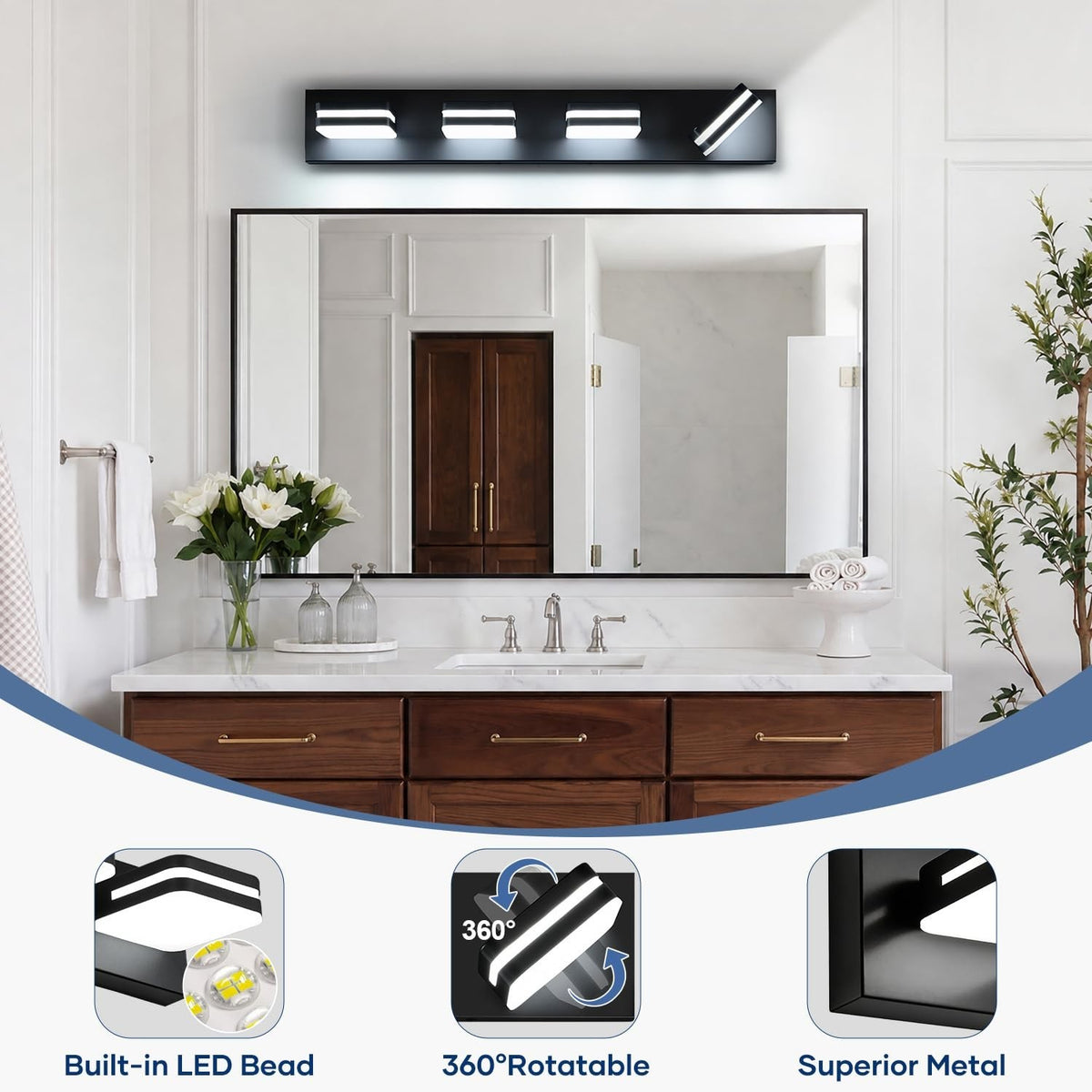 360° LED Bathroom Vanity Light Fixtures, Modern Acrylic Wall Mount 4-Light 27 Inch