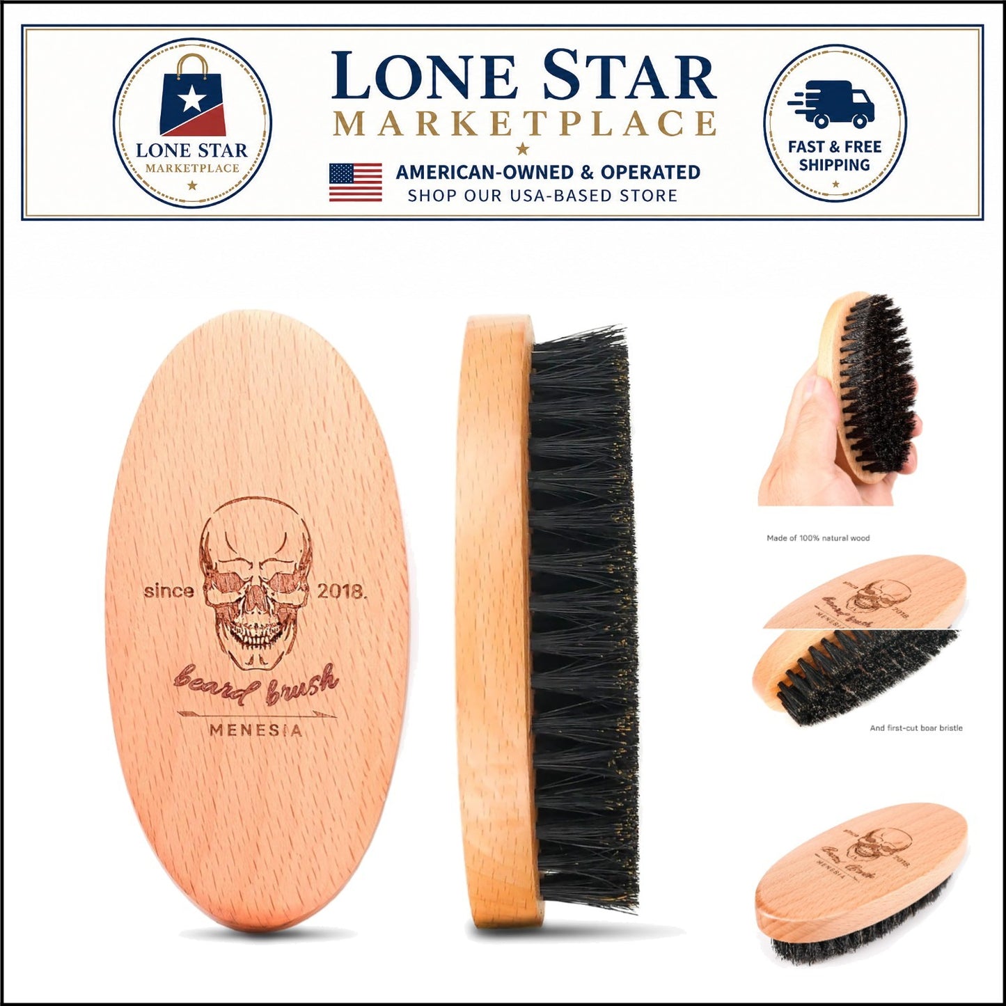 Sustainable Wooden Beard Brush with Skull Design for Travel & Gifting