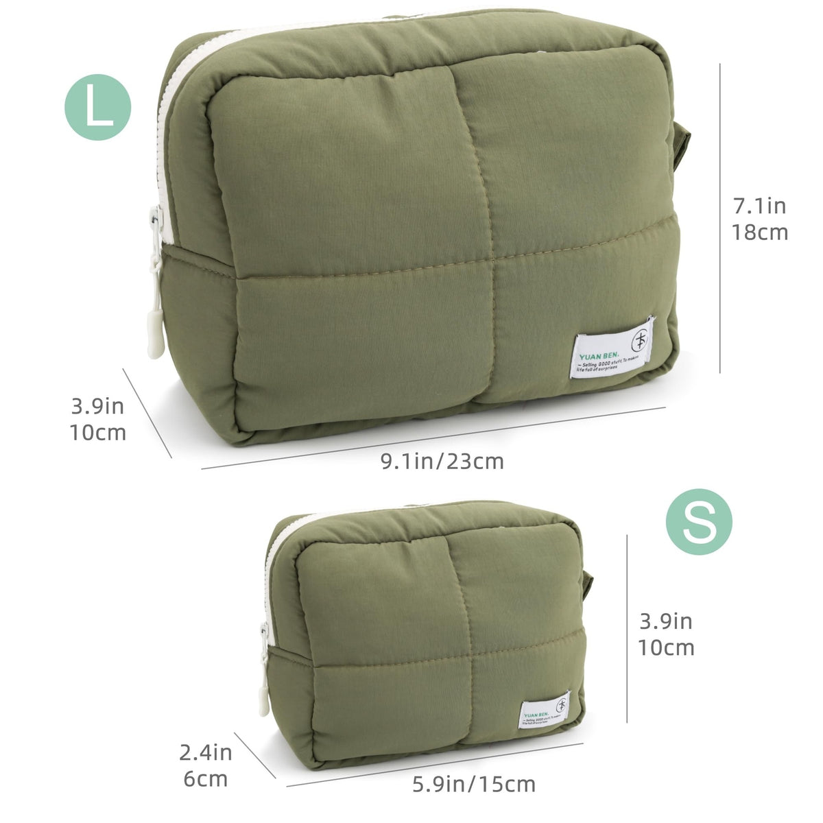 Large Puffy Travel Makeup Bag for Women - Quilted Cosmetic Organizer, Green