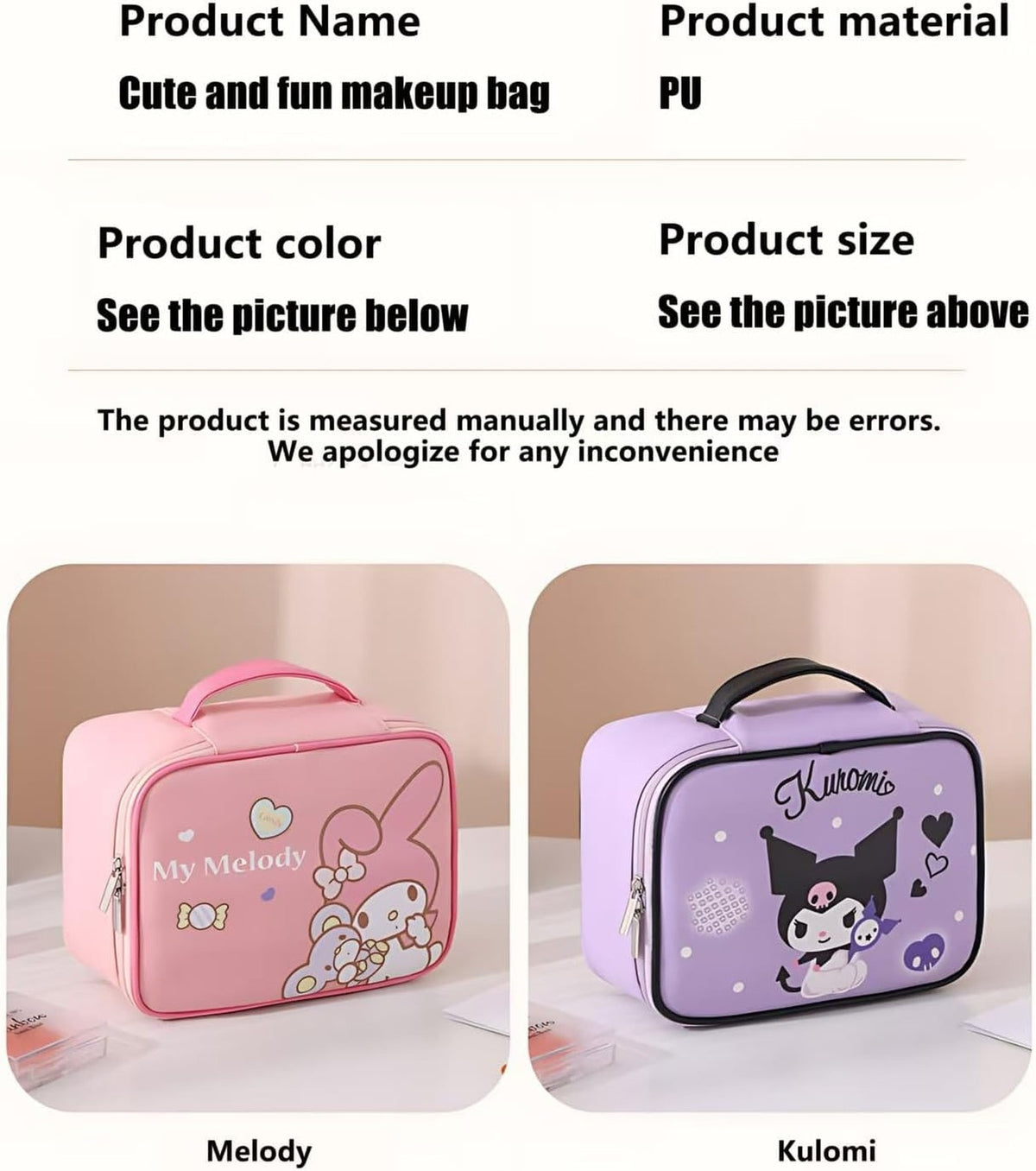 Travel Makeup Bag Organizer for Women & Girls - Cute Cartoon Cosmetic Case