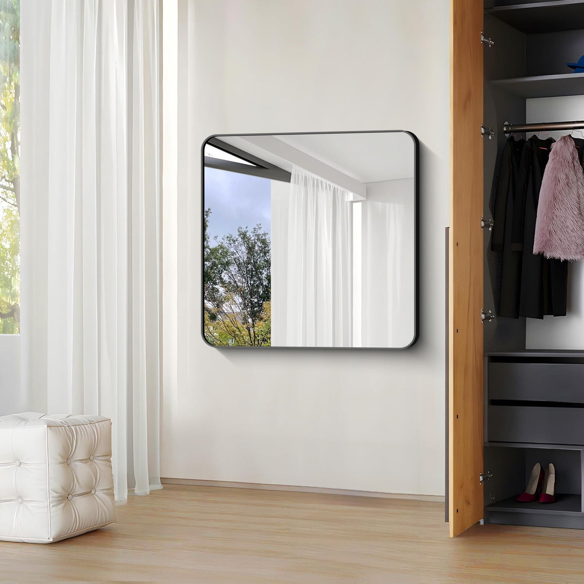 30x30 Inch Black Wall-Mounted Bathroom Mirror with Rounded Corners