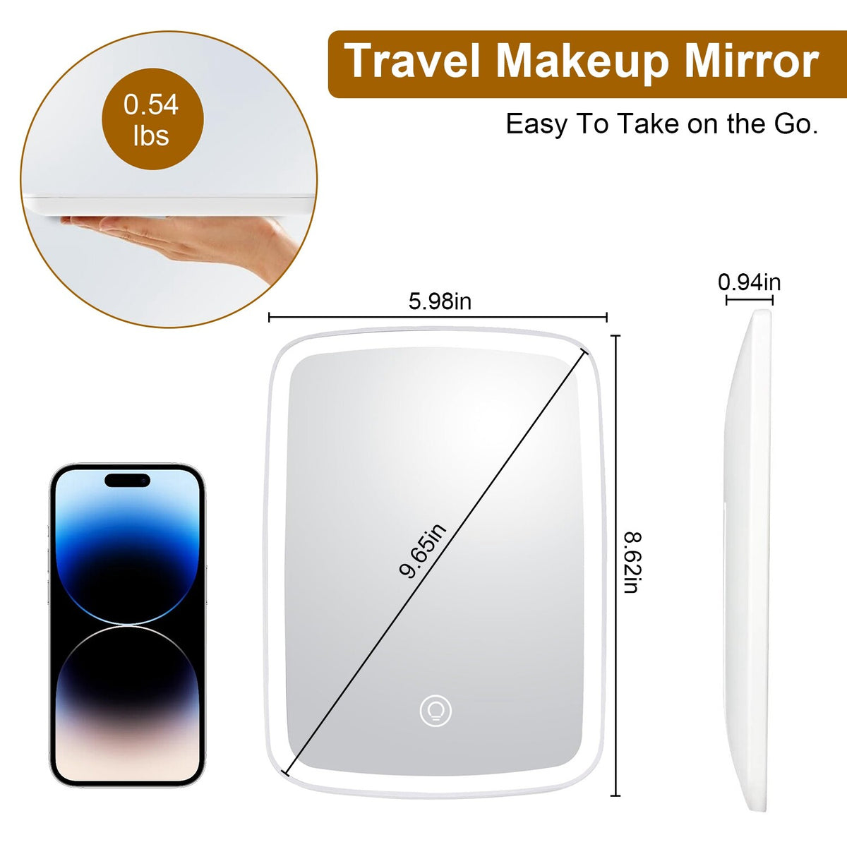LED Travel Makeup Mirror with 3 Light Colors & Dimmable LED Lighting