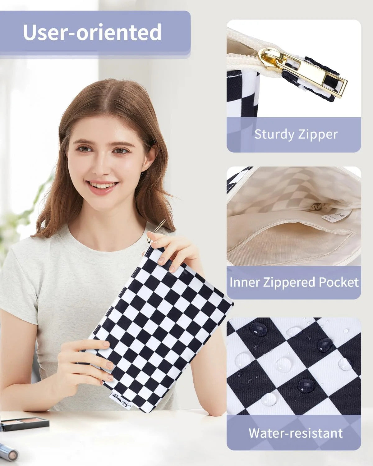 Small Checkered Makeup Bag for Purse - AB-Black Checkerboard Cosmetic Bag