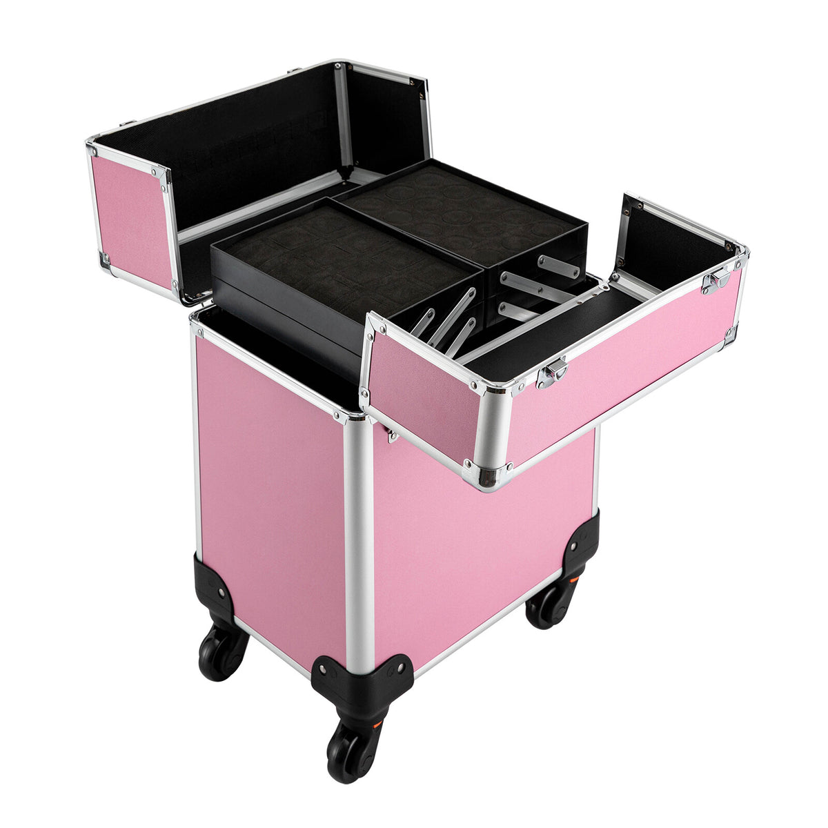 Pink Aluminum Rolling Makeup Train Case with Multiple Compartments