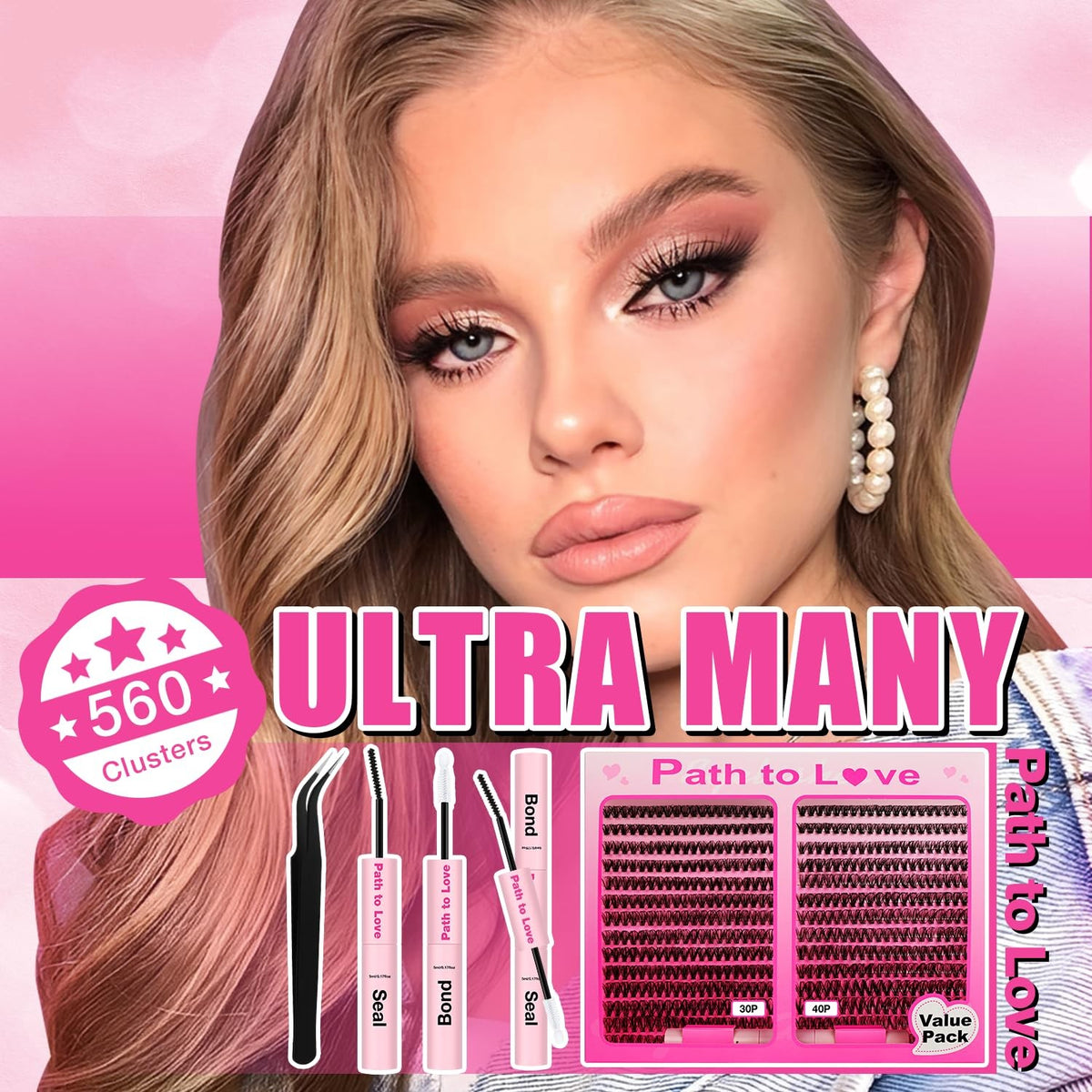 560 Pcs Lash Clusters Kit with Bond Seal & Tweezers - Natural & Waterproof