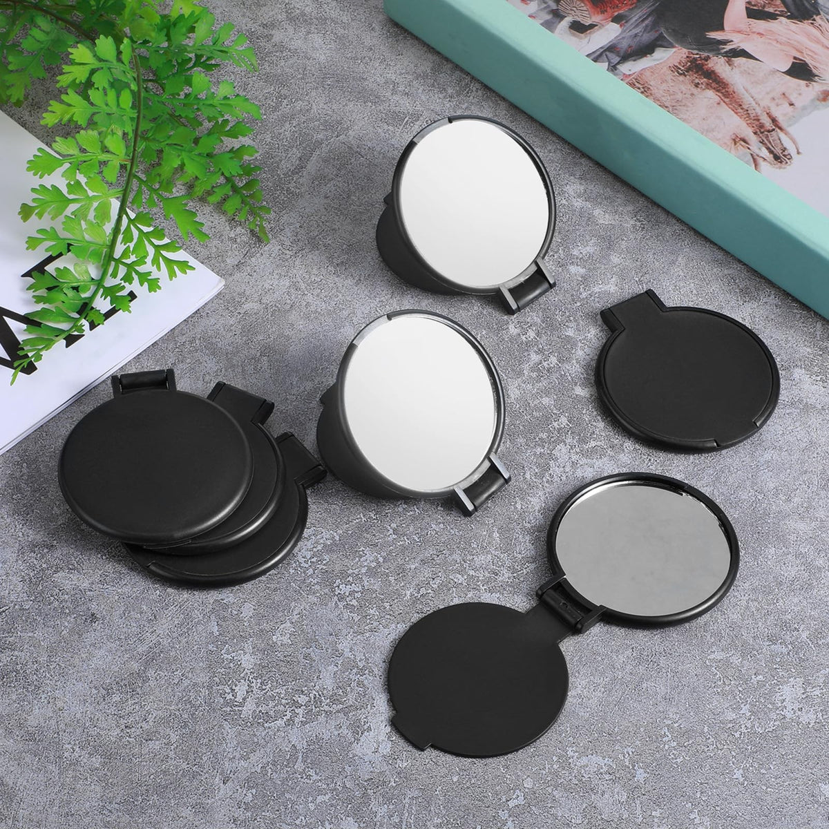 50 Pack Mini Foldable Round Makeup Mirrors - Portable Black Bulk