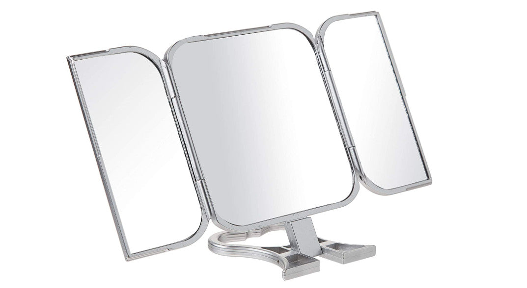 Tri-Fold Handheld Makeup Mirror with 3-Way Viewing - Compact Silver Vanity Mirror
