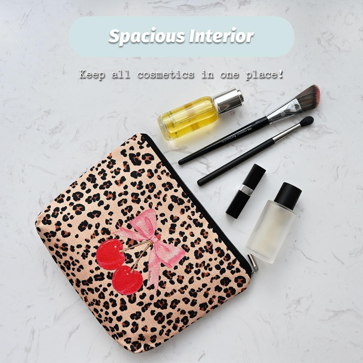 Leopard Print Cherry Makeup Bag for Women, Large Capacity Cosmetic Pouch