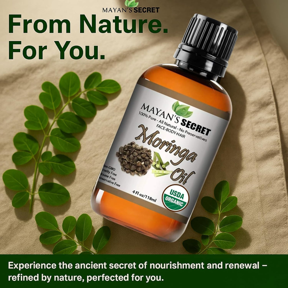 Organic Moringa Oil for Hair and Skin - 4oz Cold Pressed Natural Face Body Moisturizer