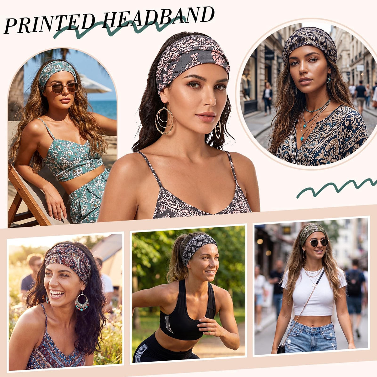 6Pack Boho Wide Headbands for Women, 9.2 inches x 4.7", Bohemian Print