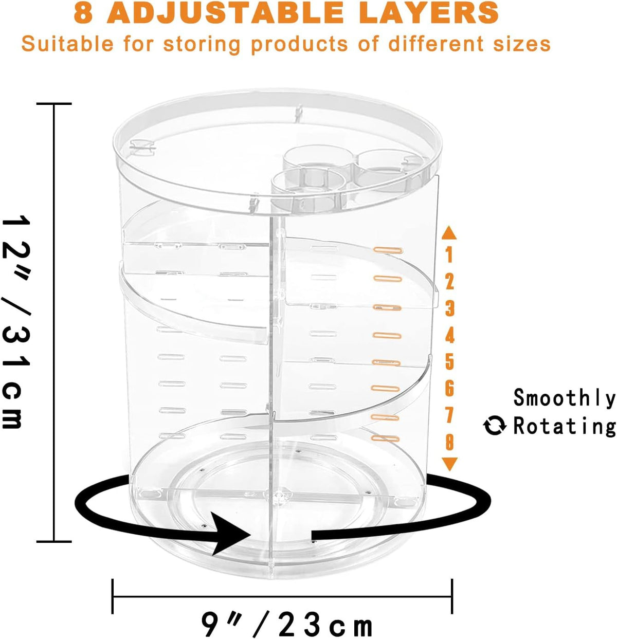 Rotating Makeup Organizer with Adjustable Layers and Brush Holders – 360° Silent Spin