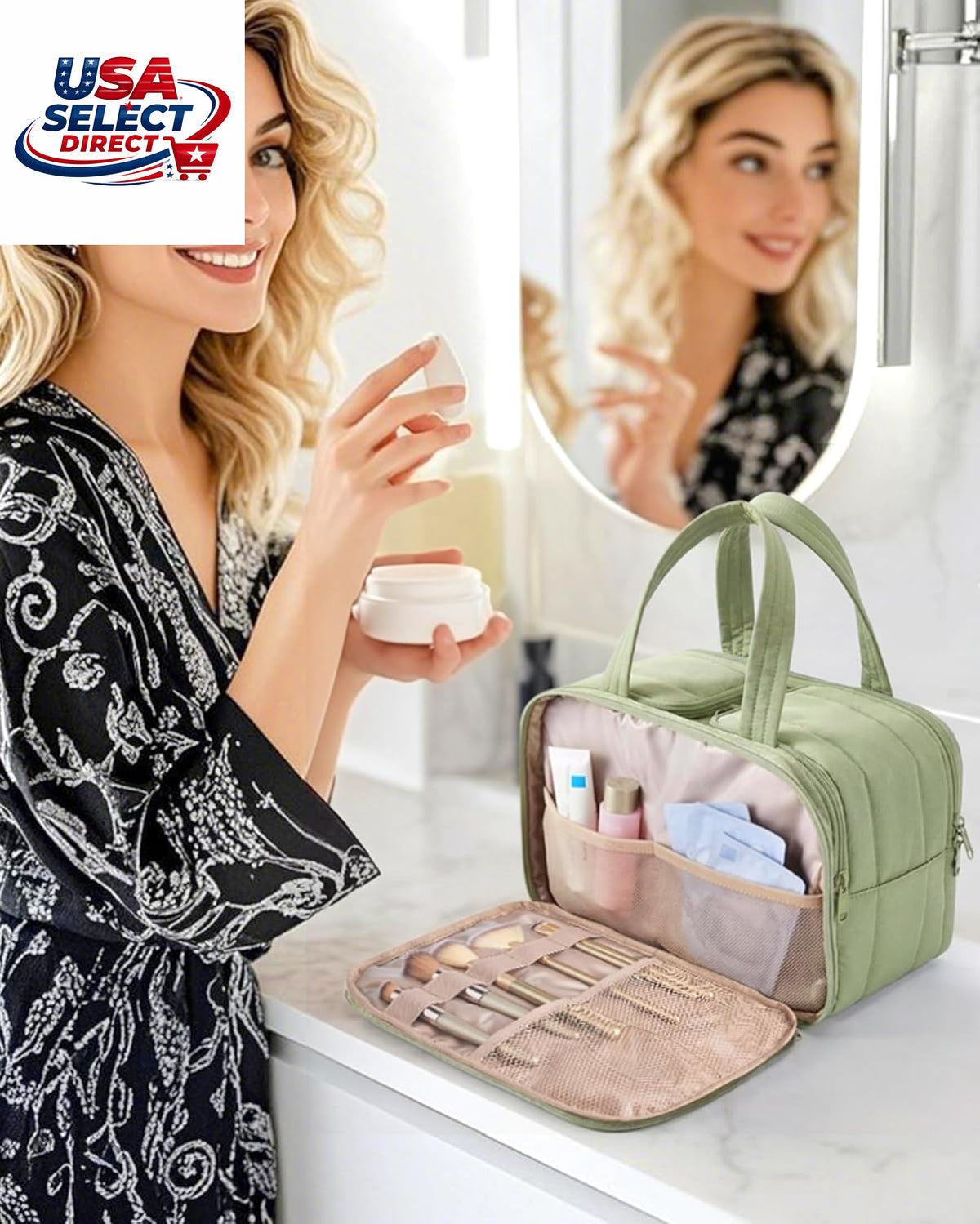 Large Travel Toiletry Bag with Waterproof Compartments & Handle - Green