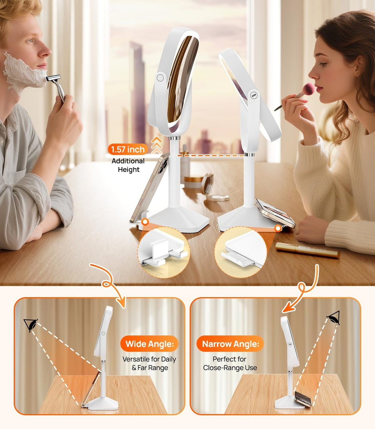Lighted Magnifying Mirror with Lights & Phone Stand - Height Adjustable, 10X/1X
