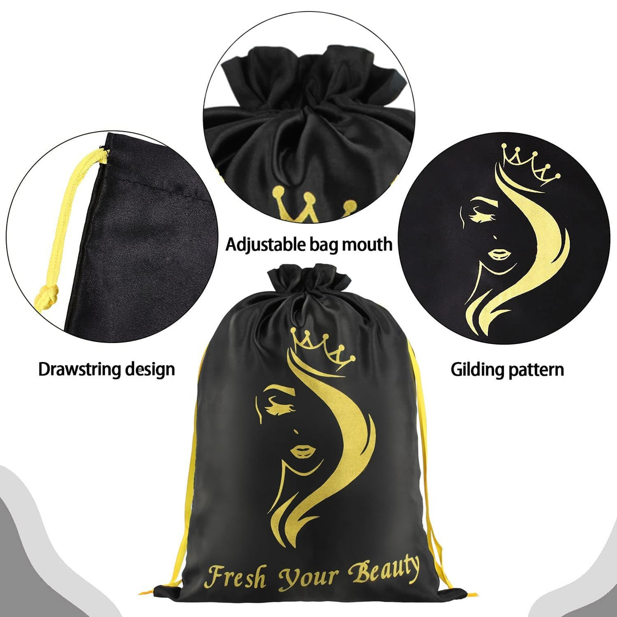 Silk Satin Hair Extension & Wig Storage Bags with Drawstring - 6 Pack