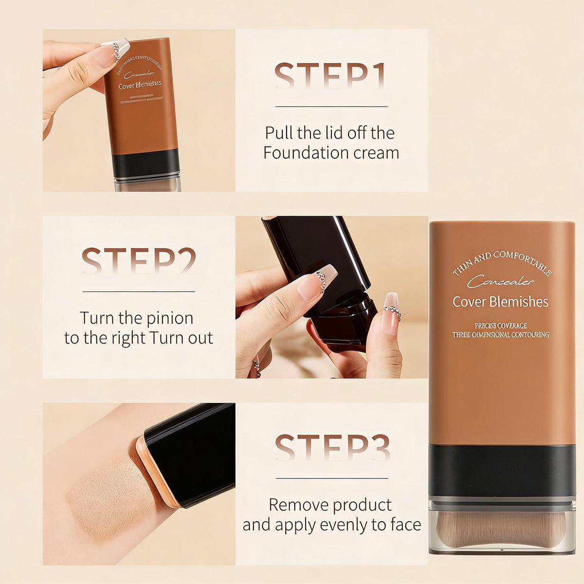 Hydrating Face Foundation Stick with Built-In Brush - Full Coverage, Lightweight, Waterproof, 0.7oz