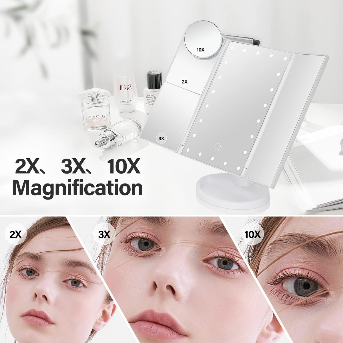 Tri-Fold Portable LED Makeup Mirror with Lights & Magnification