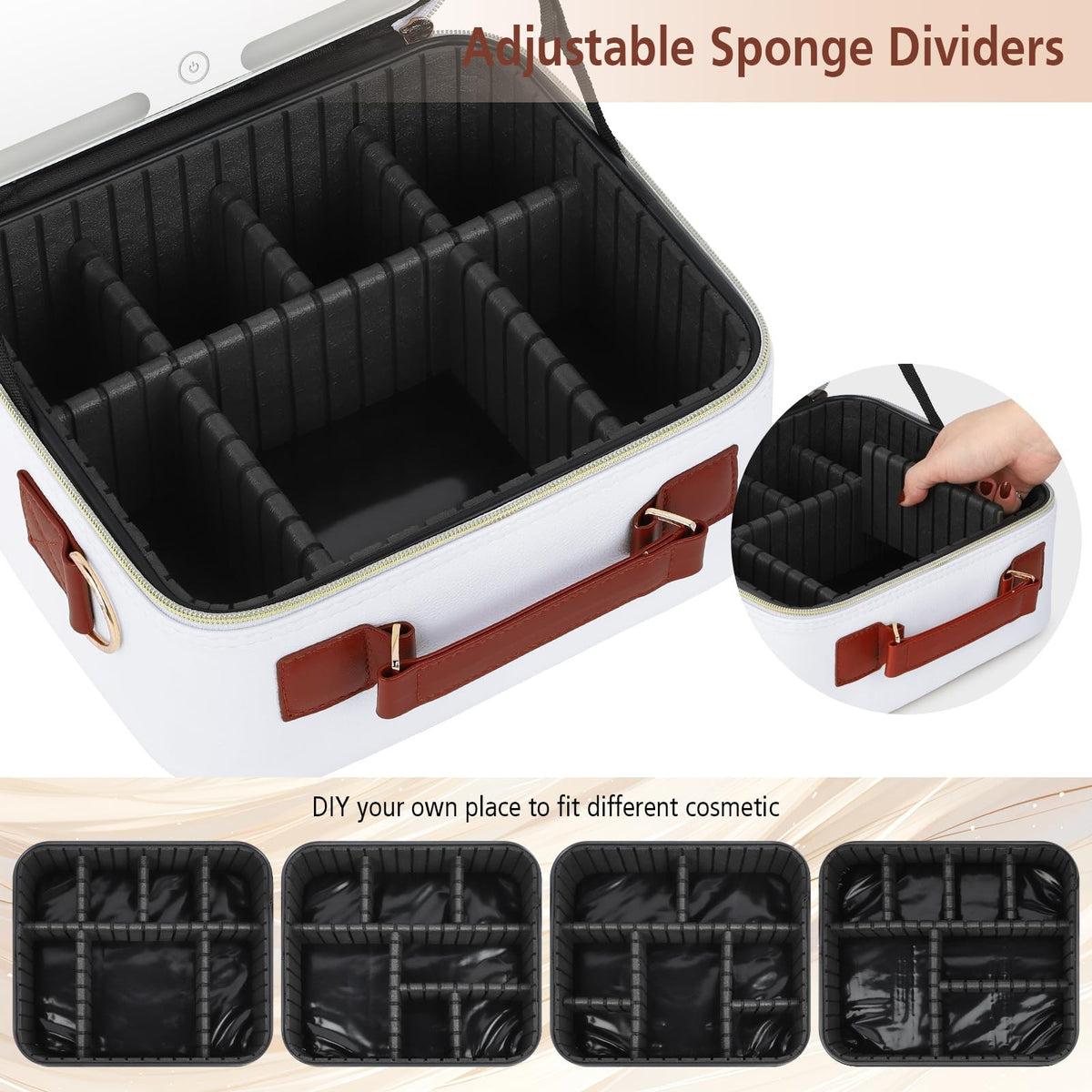 Travel Makeup Bag with LED Lighted Mirror, Adjustable Compartments, Waterproof Leather