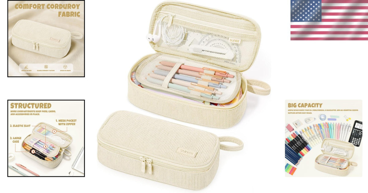 Beige Corduroy Pencil Case with Zipper - Spacious Stationery Organizer