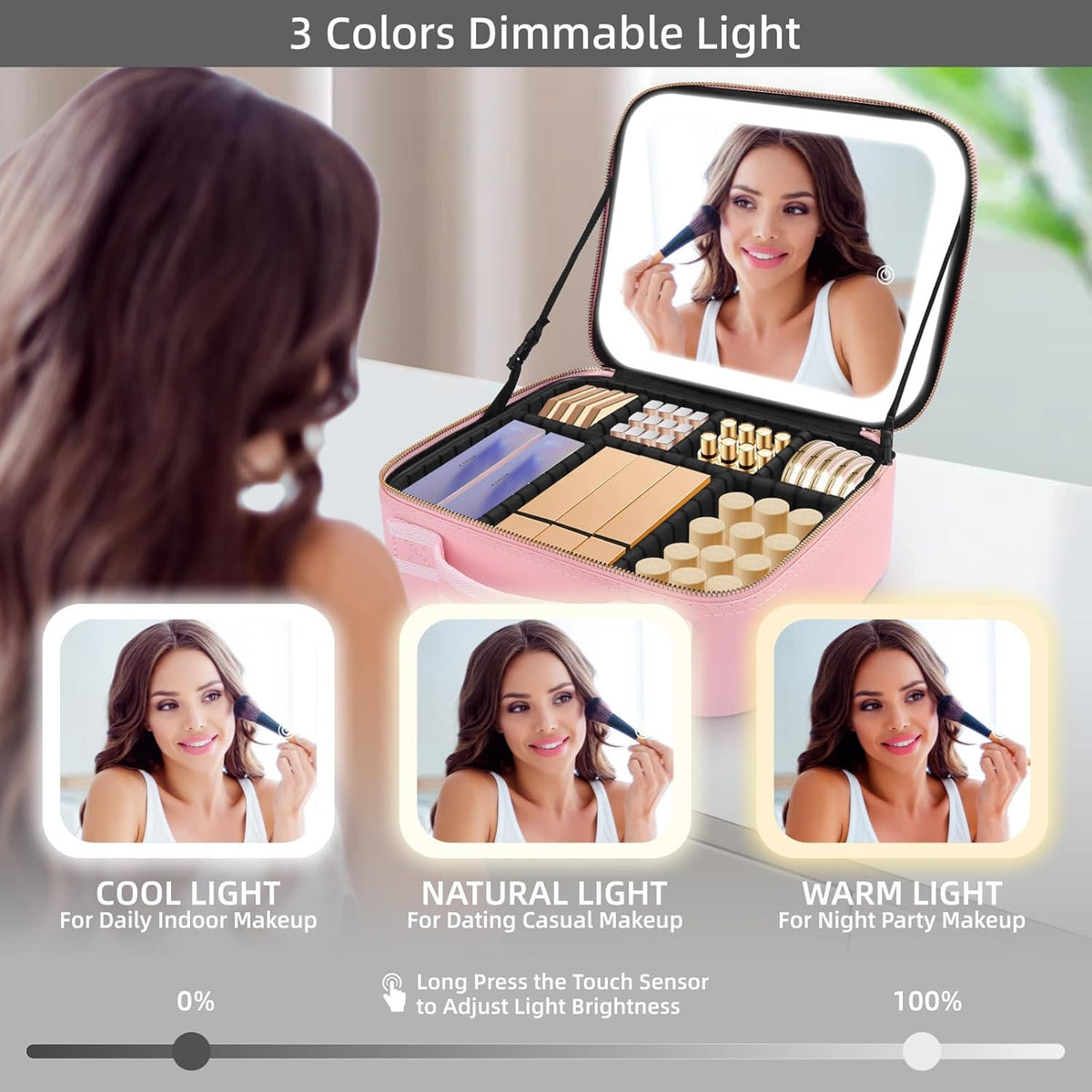 LED Lighted Makeup Organizer Bag with Illuminated Mirror Portable Travel Cosmetic Case