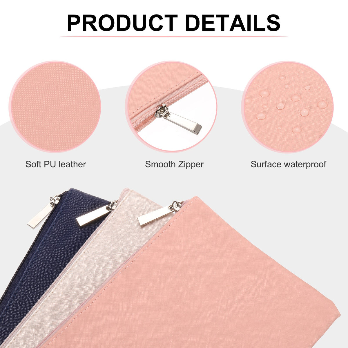 Large PU Leather Cosmetic Makeup Bag Set - Gold Zipper Pouch, 2 Pieces
