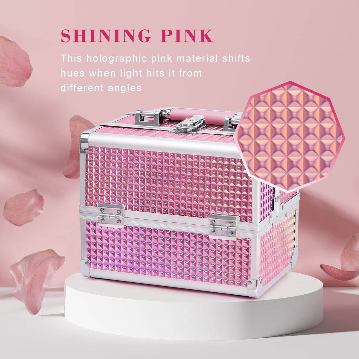 Large Pink Makeup Train Case with Mirror and Lockable Compartments