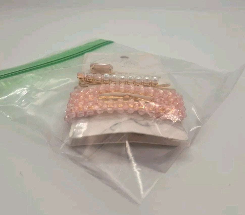 Hive And Co. Pink Beaded Barrette Pearl Bobby Pin Jewel 2 PACKS