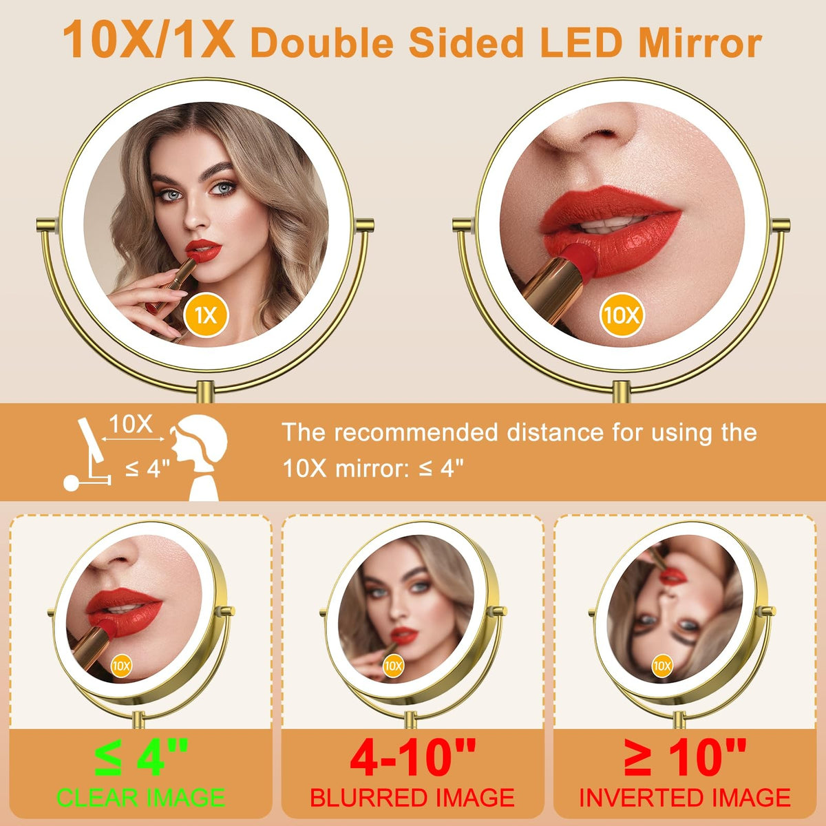 9-Inch Wall Mounted Lighted Makeup Mirror with 10X Magnification, LED Adjustable Brightness